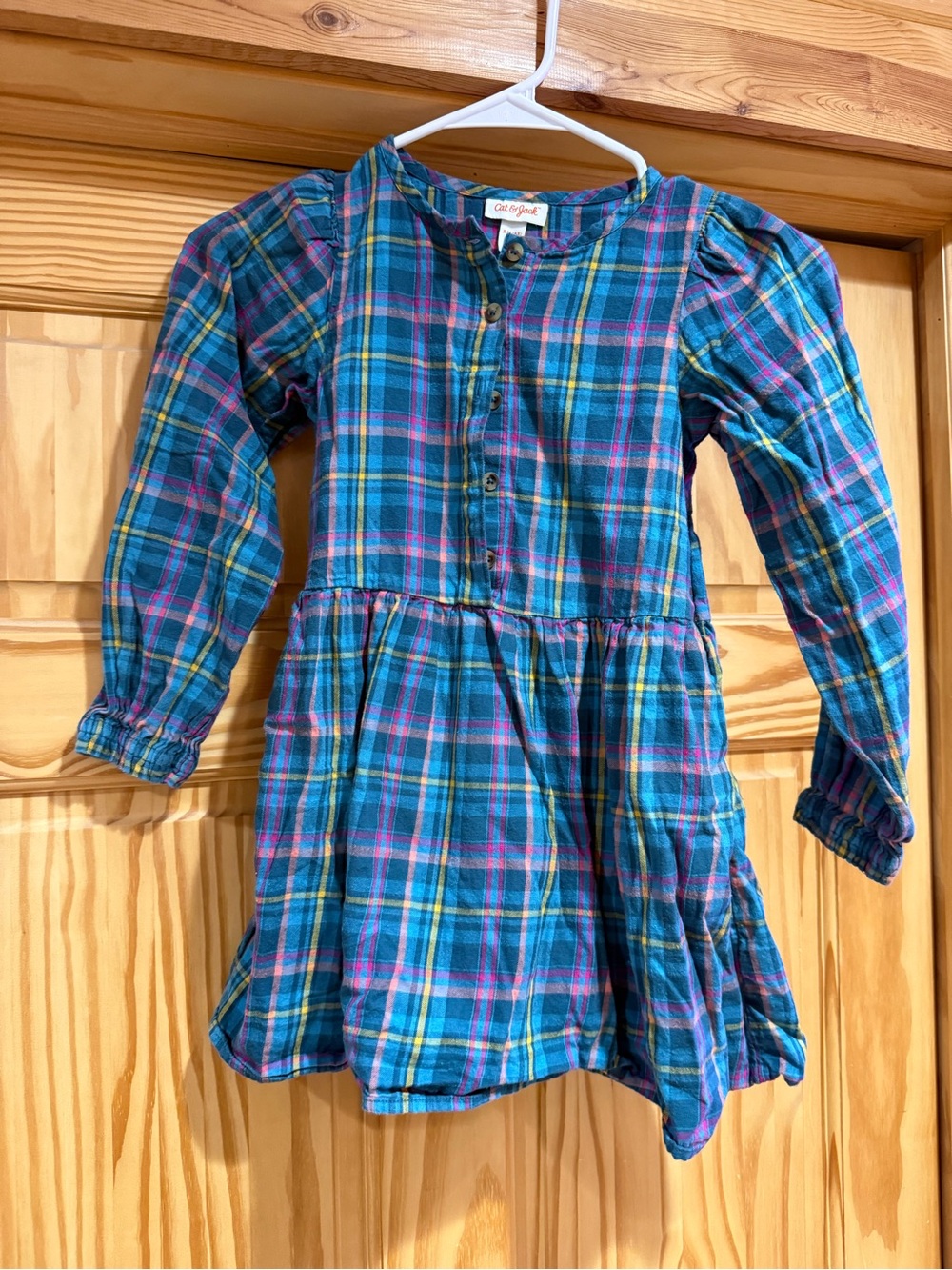 Cat & Jack Teal Plaid Button-Front Girls' Dress with Pink & Yellow Stripes